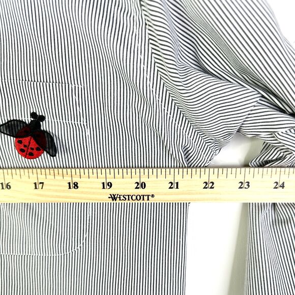 Las Olas Shirt Women M Navy White Striped Ladybug Embroidery Button Up Long Slv - Picture 7 of 9